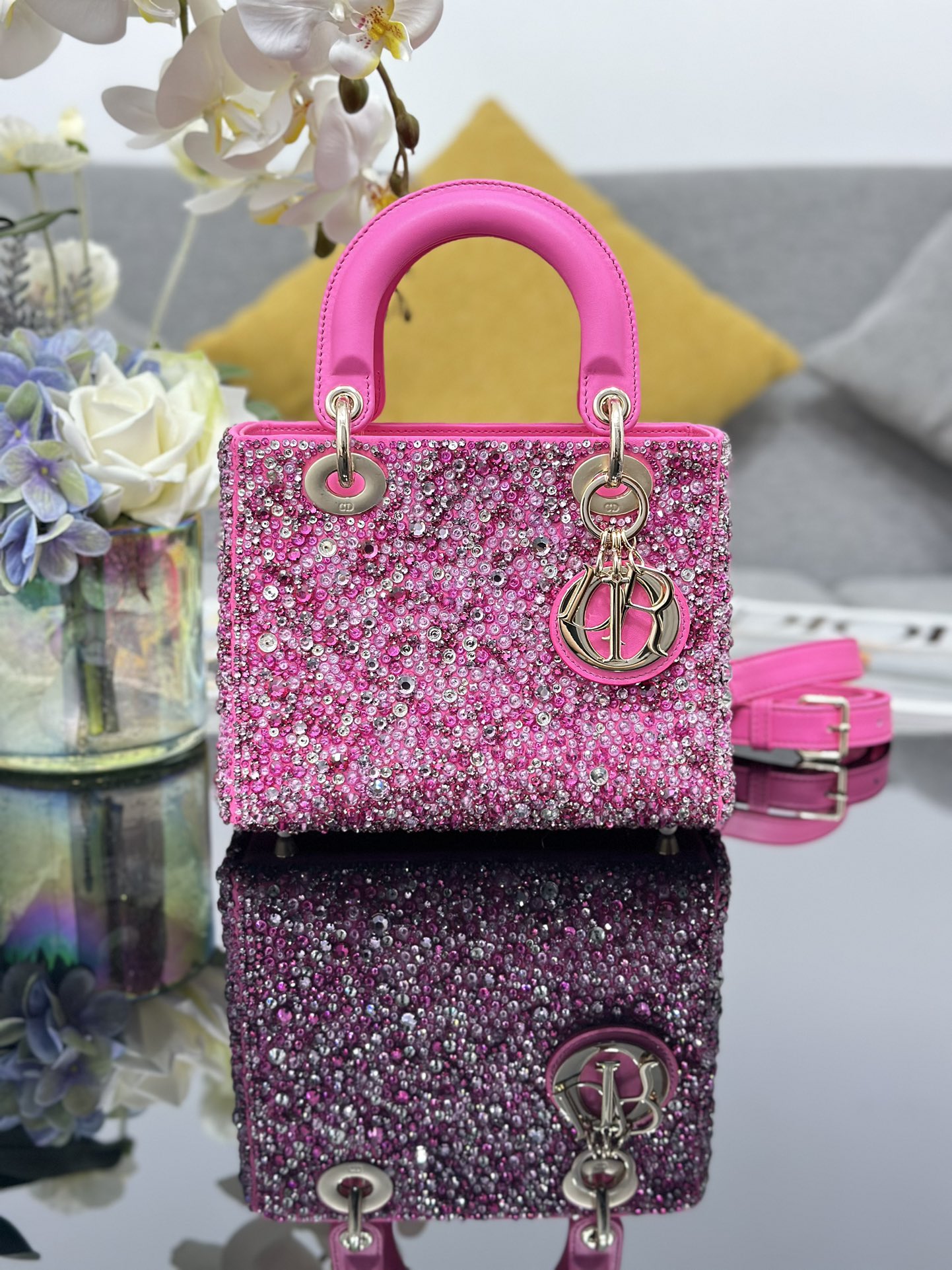 Small Lady Dior Bag Candy Pink Satin Embroidered with Bead Diamond